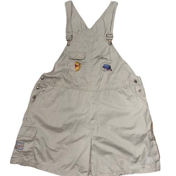 Vintage'90s Disney Winnie the Pooh Embroidered Tan Overall Shortalls Sz 14W 16W - Picture 1 of 16